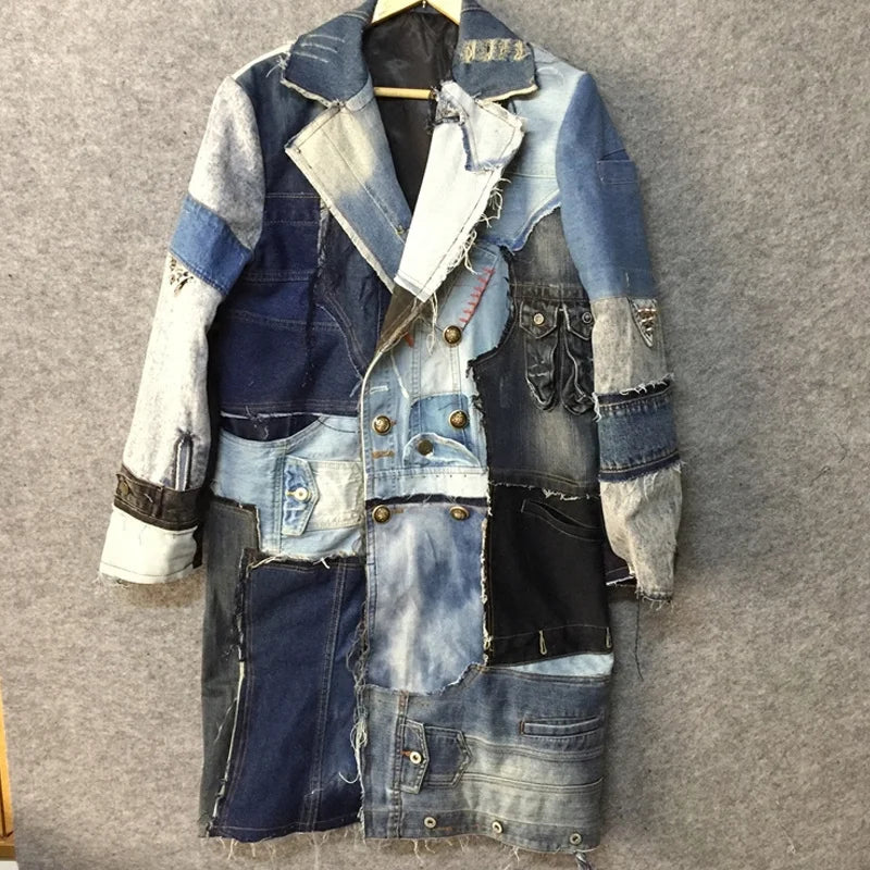 Men's Designer Denim Patchwork Trench Coat Jacket