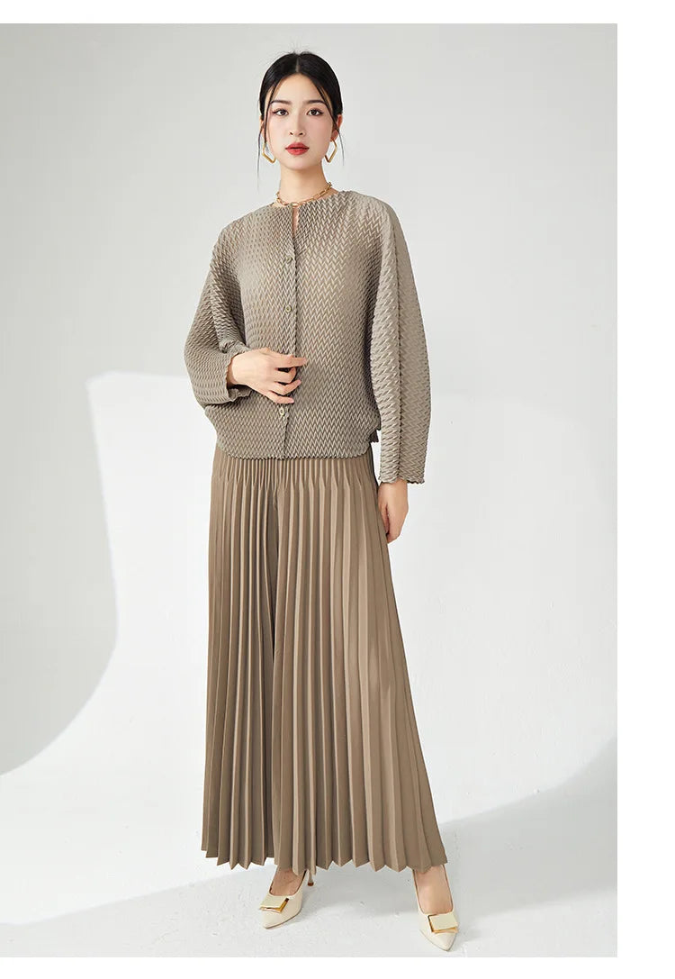 Genuine Pleated Wide Leg Pants & Cardigan Set