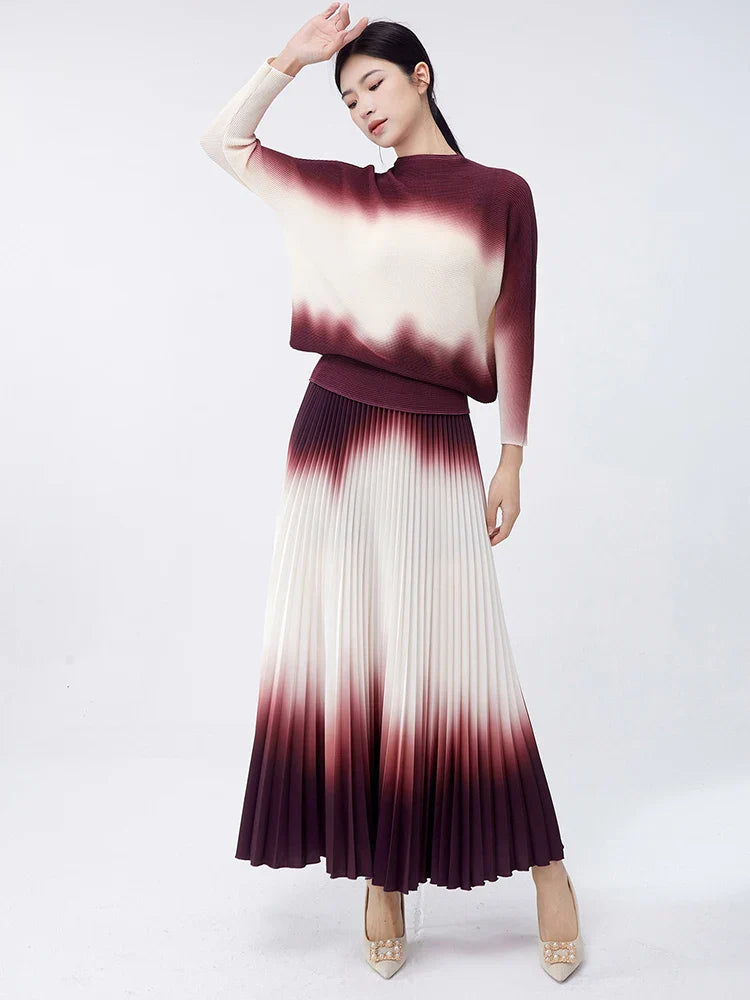 Luxury Burgundy Ombre Pleated Skirt & Top Co-Ord