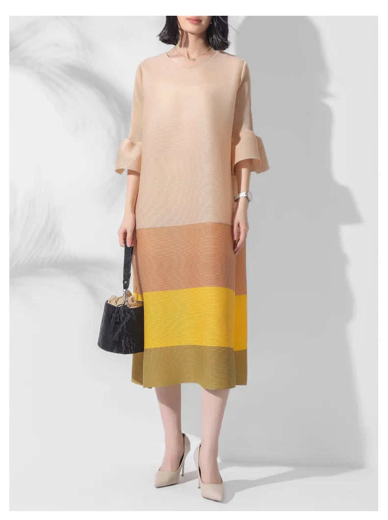 Japanese Pleated Midi Dress with Colorblock