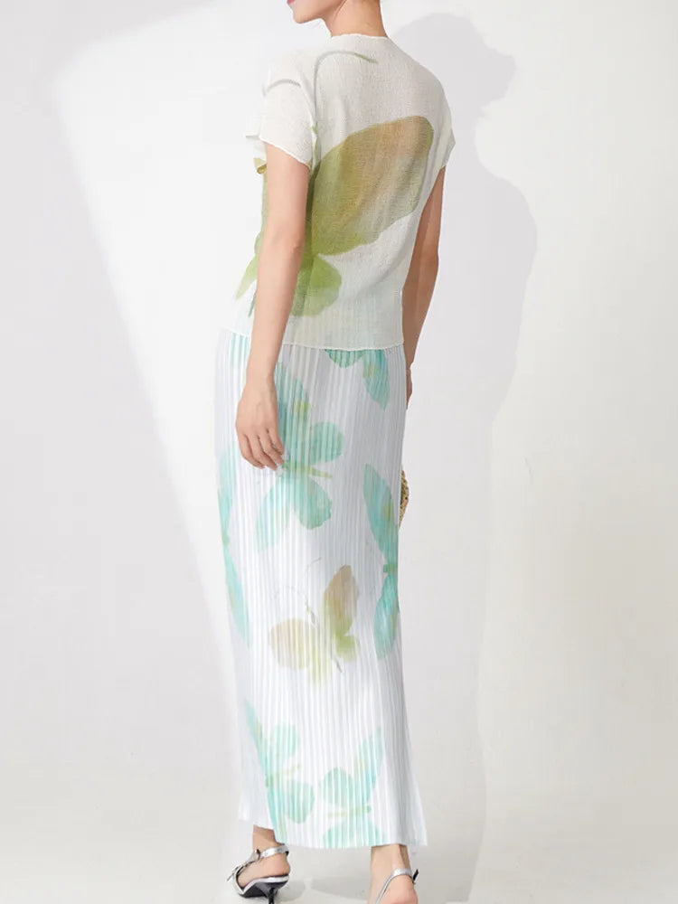 Butterfly Pleated Maxi Skirt & Top Set