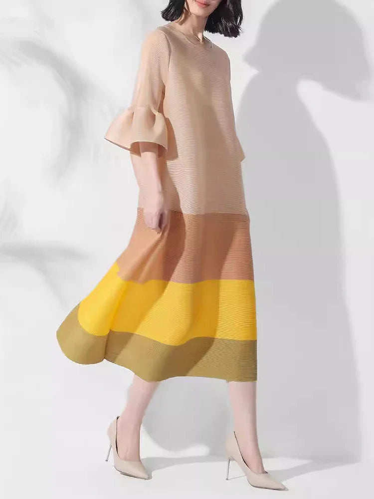 Japanese Pleated Midi Dress with Colorblock