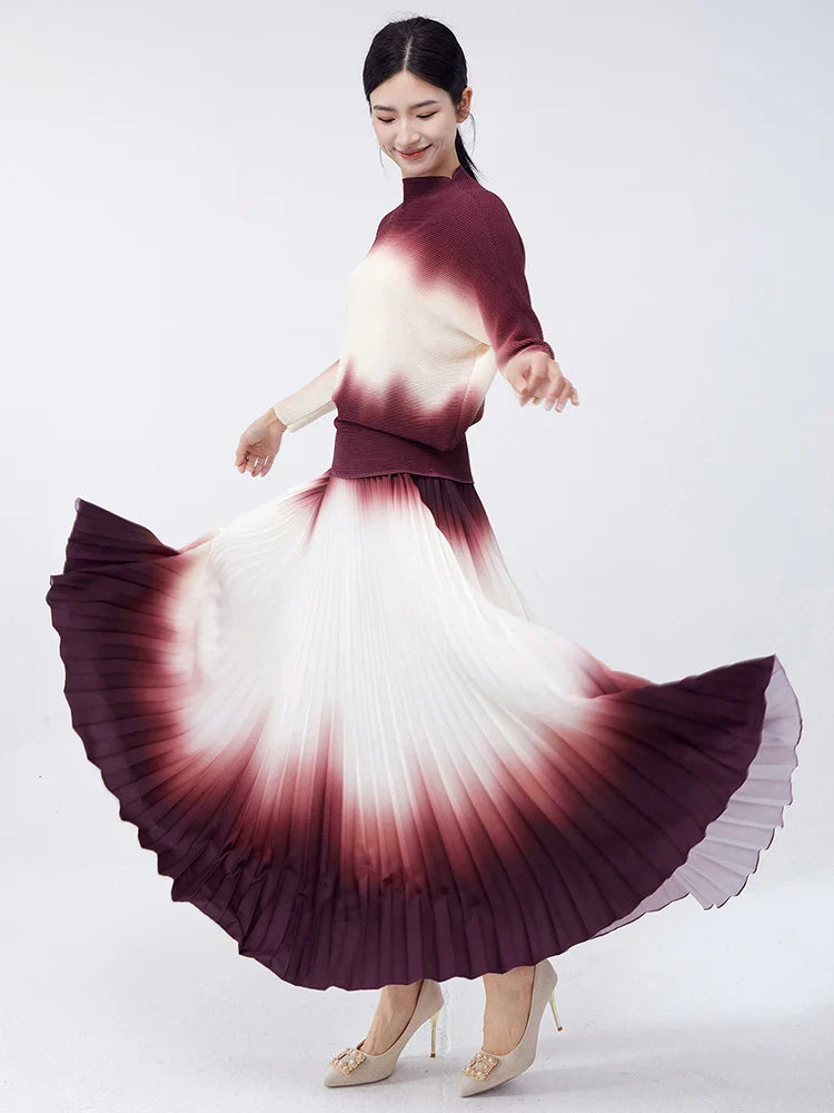Luxury Burgundy Ombre Pleated Skirt & Top Co-Ord