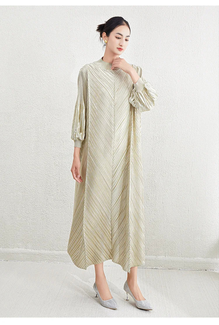Metallic Pleated Midi Dress with Mock Neck & Bishop Sleeves