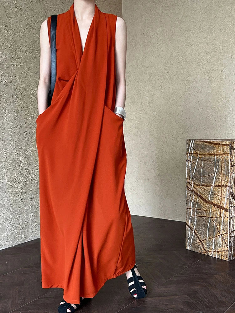 Elegant Draped Sleeveless Midi Dress with Pockets