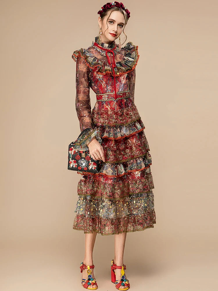 Tiered Ruffle Midi Dress Long Sleeve | Designer Style
