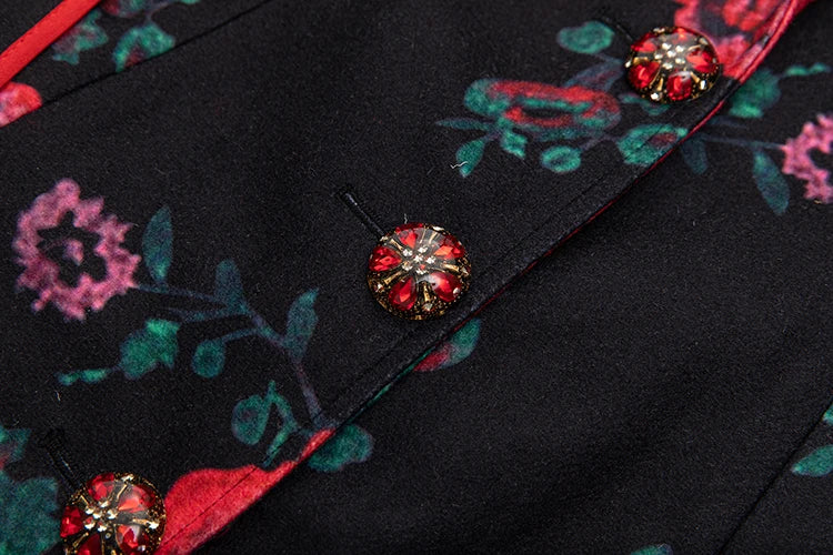 Women's Slim Fit Black Floral Rose Trench Coat