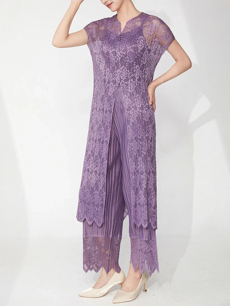 Lace Pleated Pant Suit 2-Piece Set
