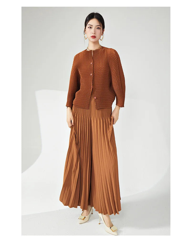 Genuine Pleated Wide Leg Pants & Cardigan Set