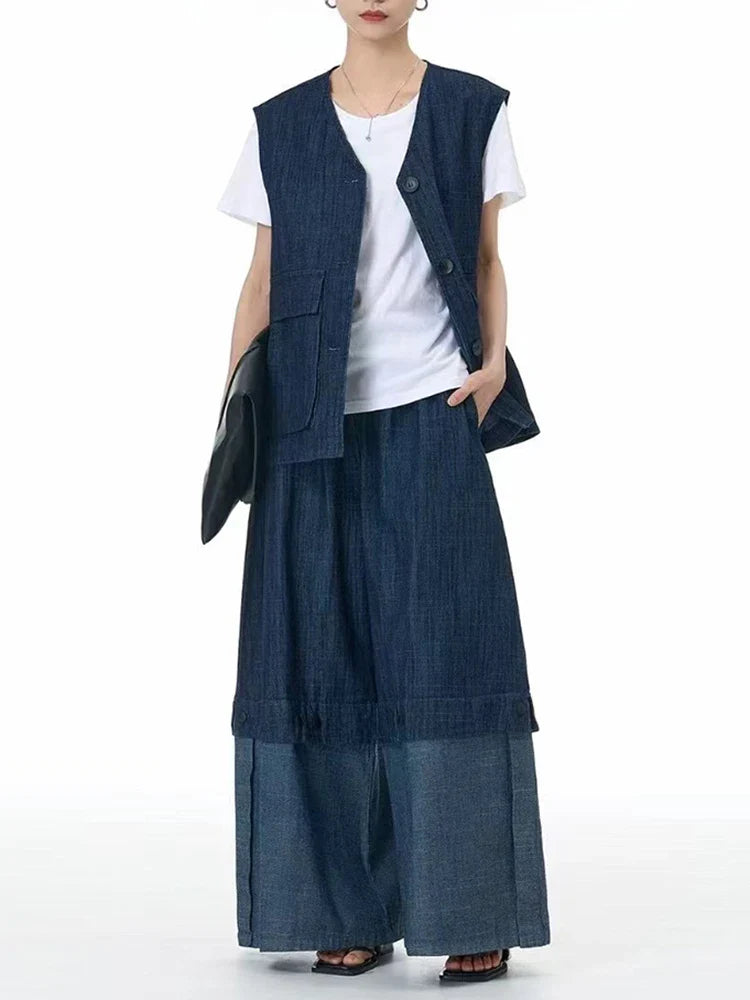 Cotton Denim Wide-Leg Pants with Elastic Waistband