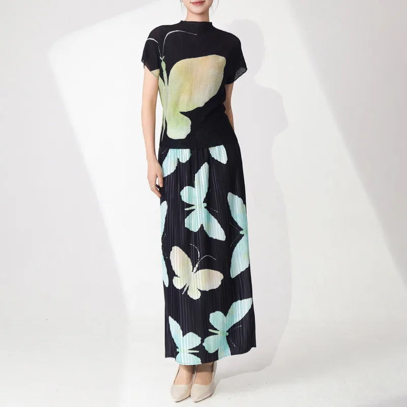 Butterfly Pleated Maxi Skirt & Top Set