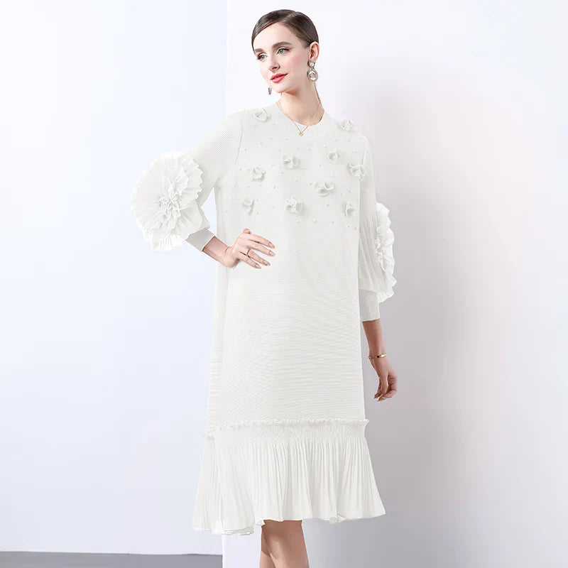 Cocktail Party Dress - Pleated Midi, Statement Sleeves