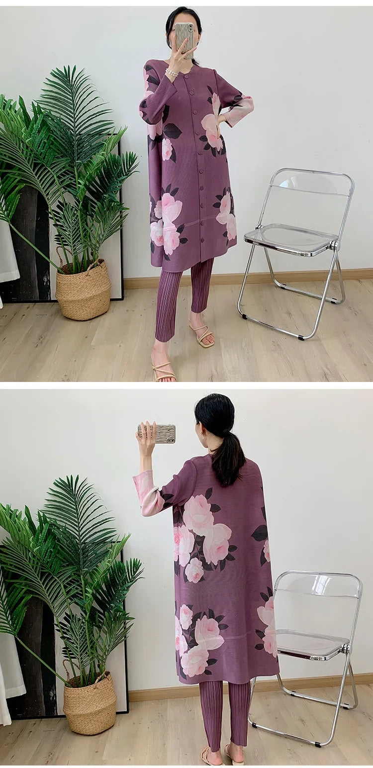 Pleated Plissé Floral Pant & Cardigan
