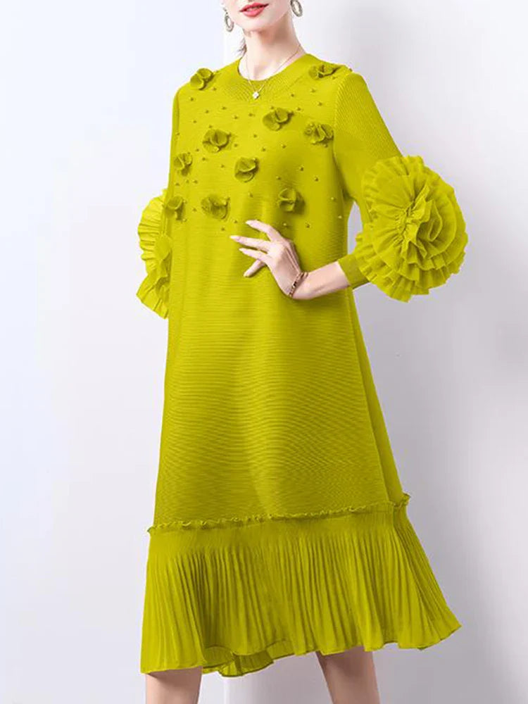 Cocktail Party Dress - Pleated Midi, Statement Sleeves
