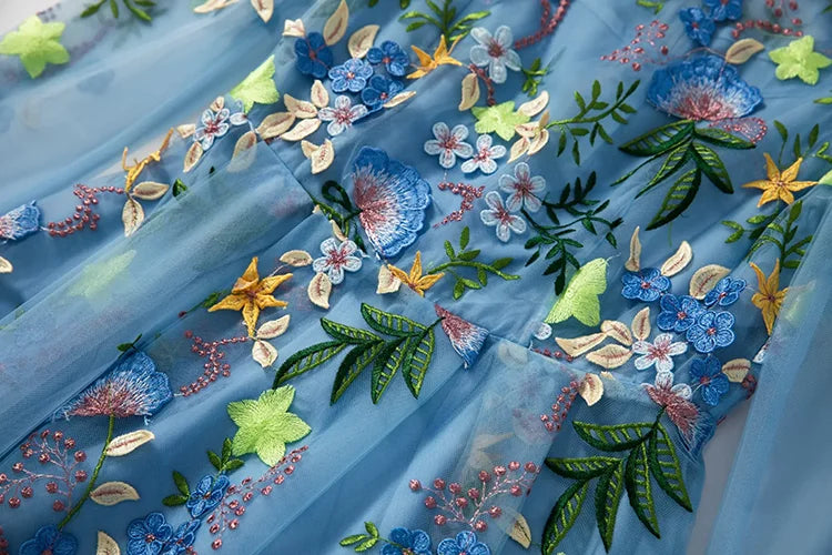 Blue Floral Embellished Long Sleeve Midi Dress