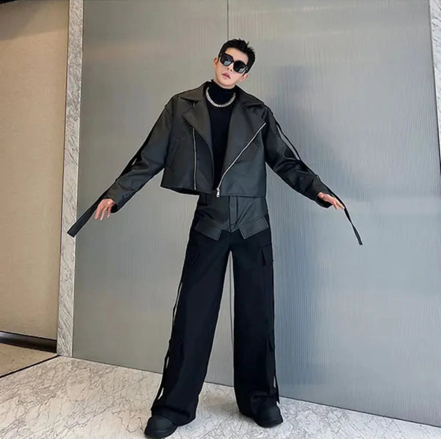 Men's Black Vegan Leather Streetwear Set