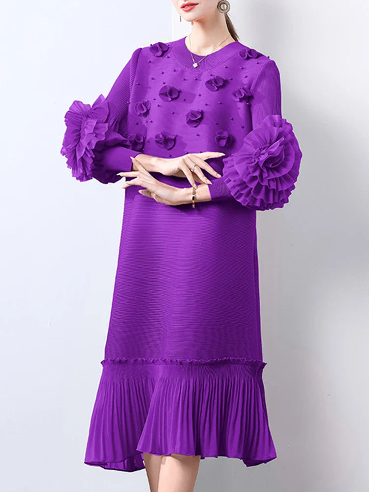 Cocktail Party Dress - Pleated Midi, Statement Sleeves