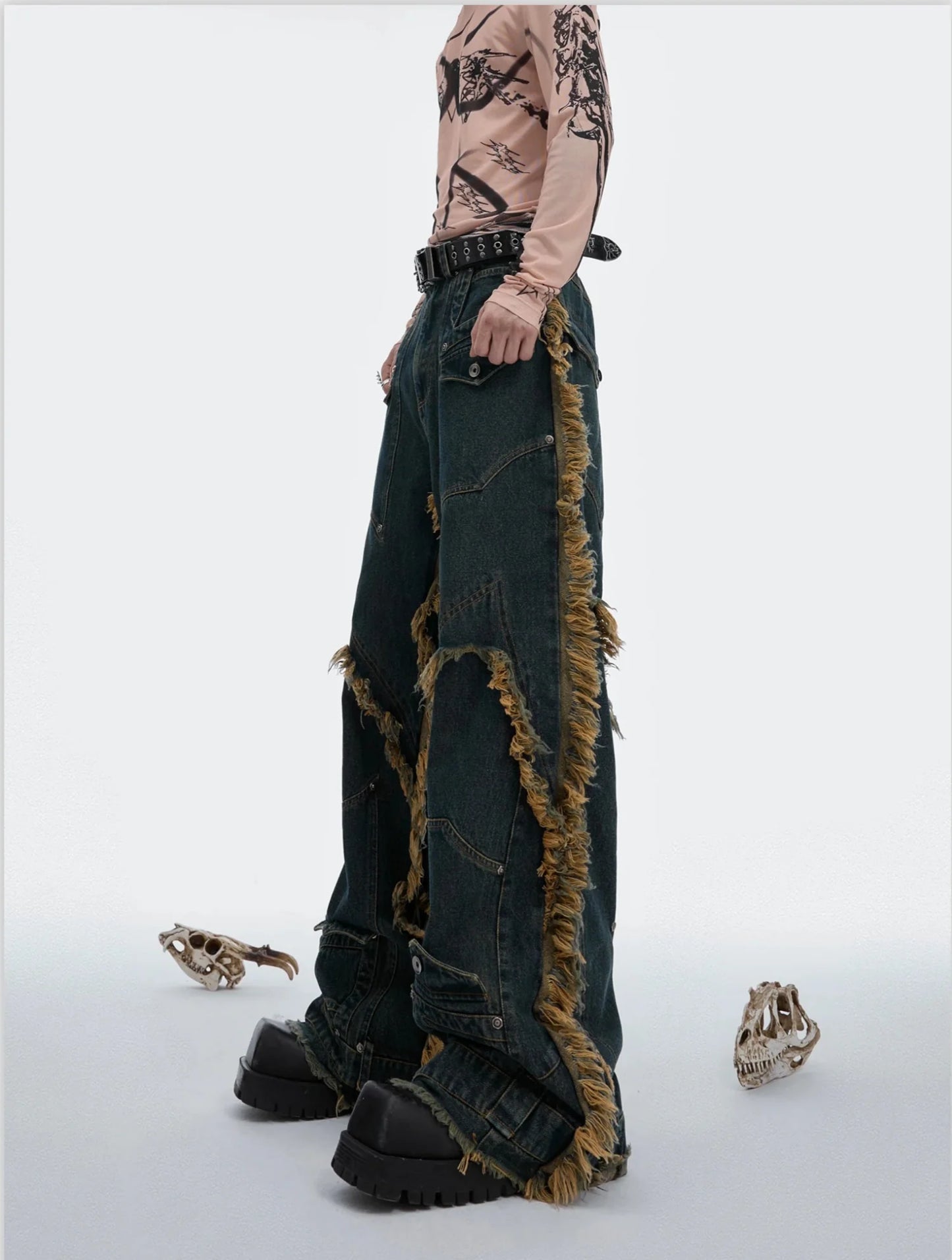 Men's Distressed Denim Baggy Cargo Jeans