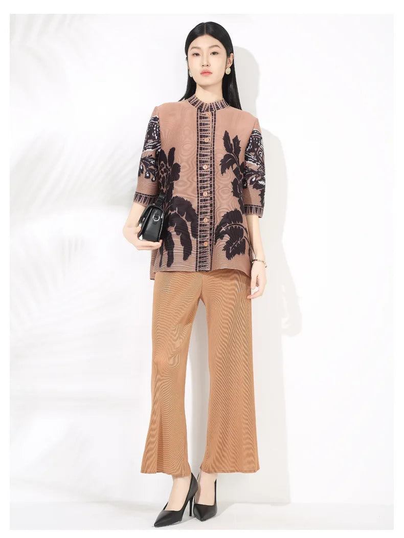Plissé Set - Floral Top & Pleated Palazzo Pant