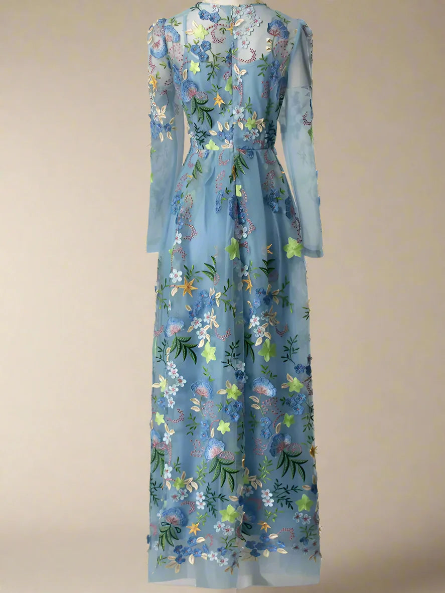 Blue Floral Embellished Long Sleeve Midi Dress
