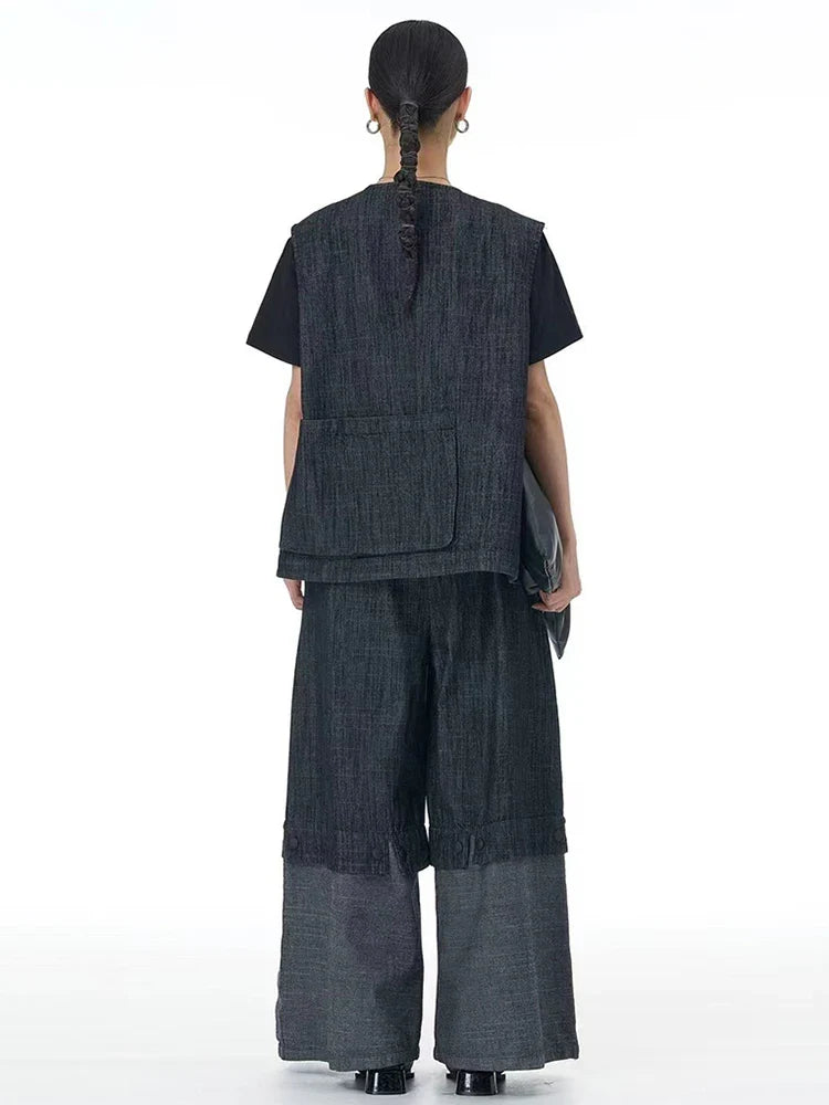 Cotton Denim Wide-Leg Pants with Elastic Waistband