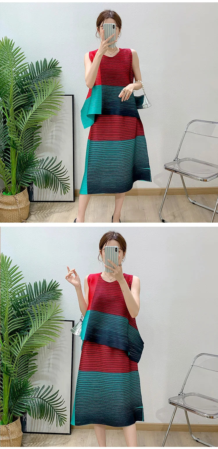 Asymmetric Pleated Sleeveless Top & Skirt