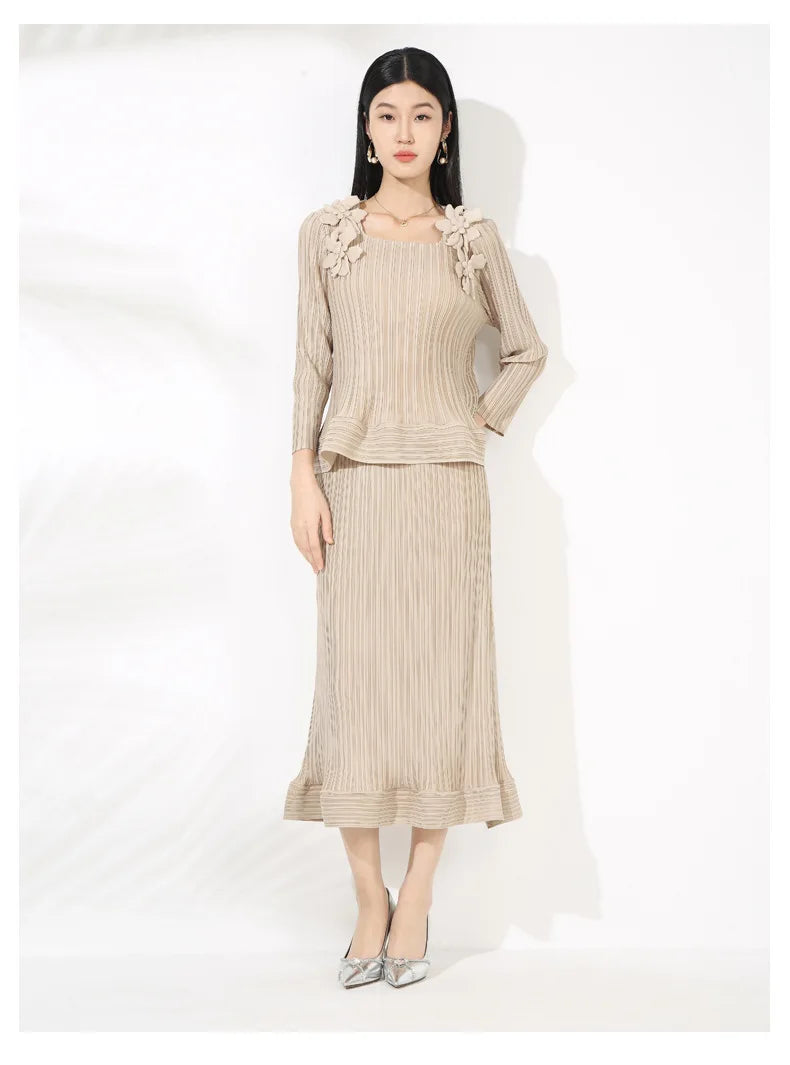 Elegant Ensemble with Pleated Top & Midi Skirt