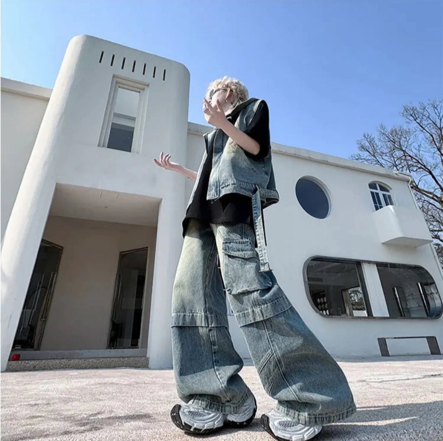 Men's Denim Hooded Vest & Wide-Leg Cargo Pants