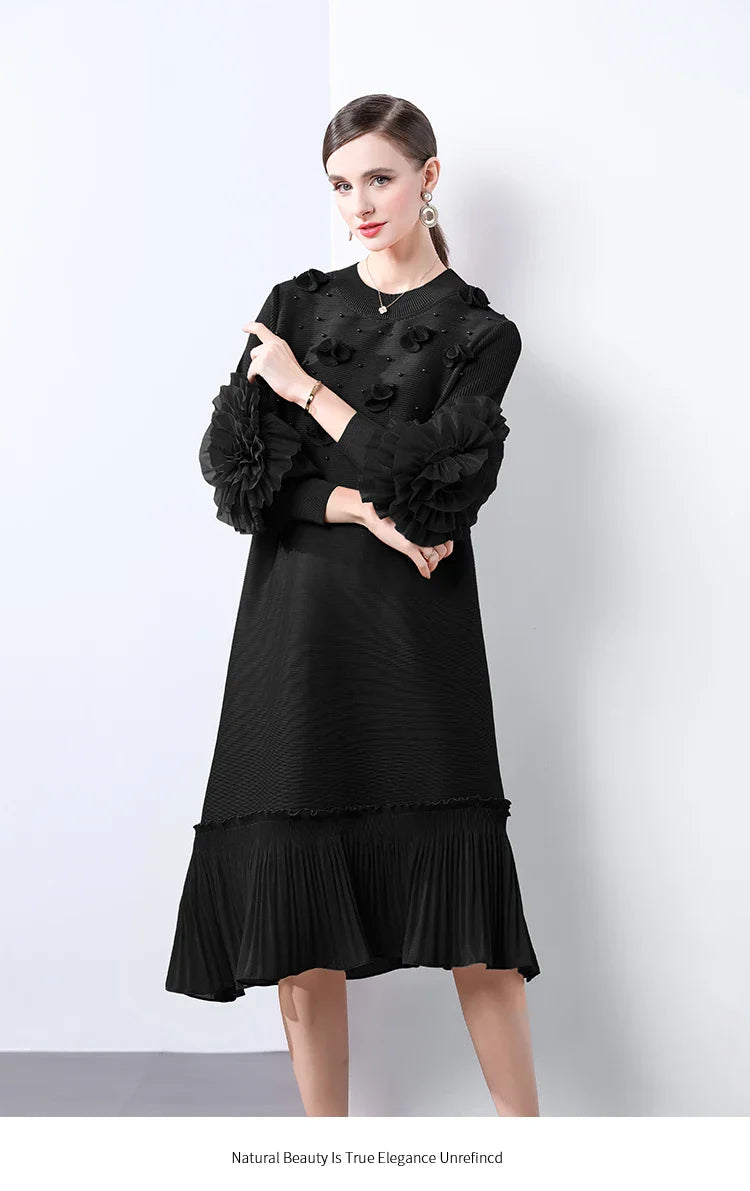 Cocktail Party Dress - Pleated Midi, Statement Sleeves