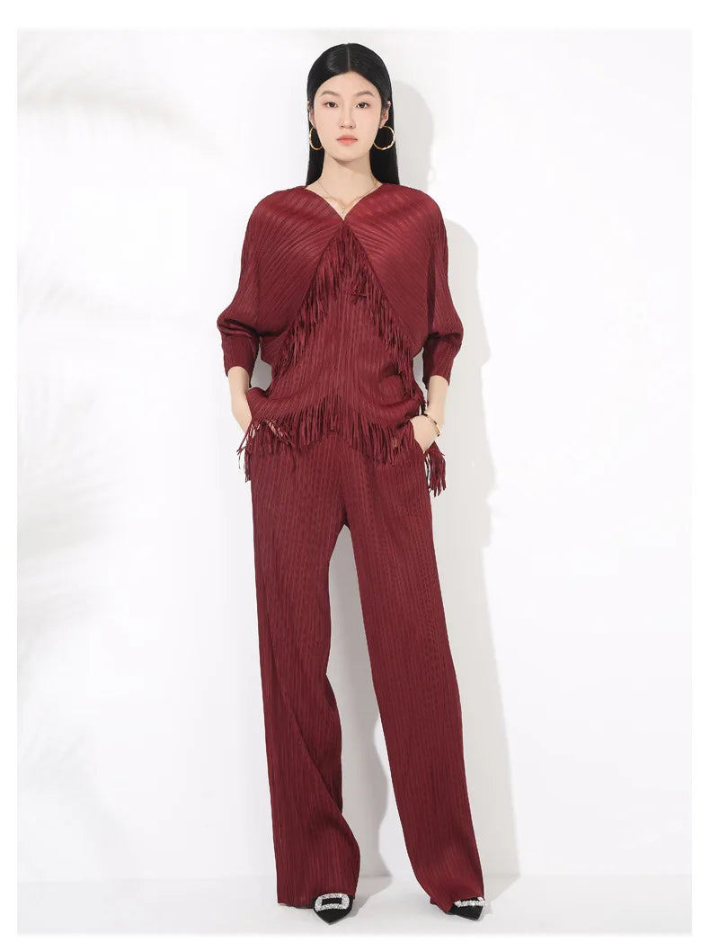 Fringed Pleated Wide-Leg Pant Set