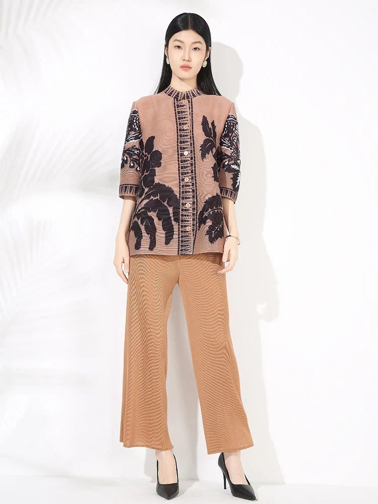 Plissé Set - Floral Top & Pleated Palazzo Pant