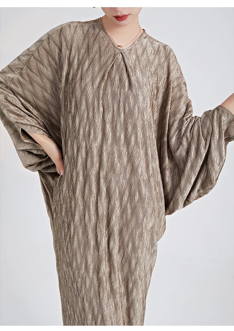 Genuine Pleated Batwing Sleeve Midi Dress