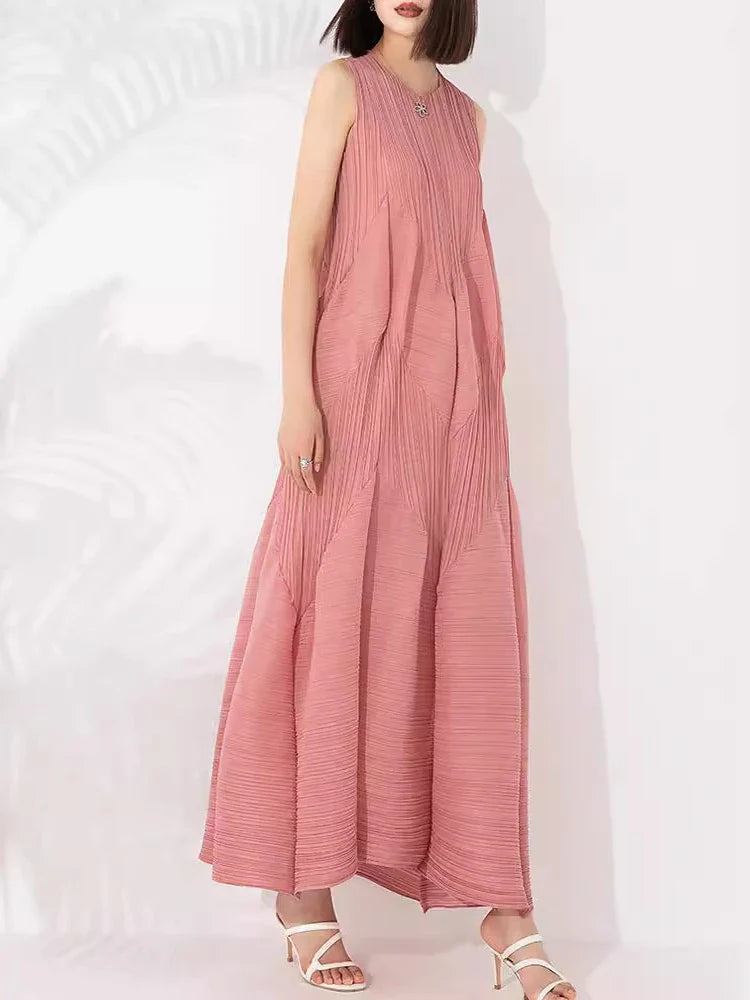 Japanese Pleated Midi Dress - Sleeveless