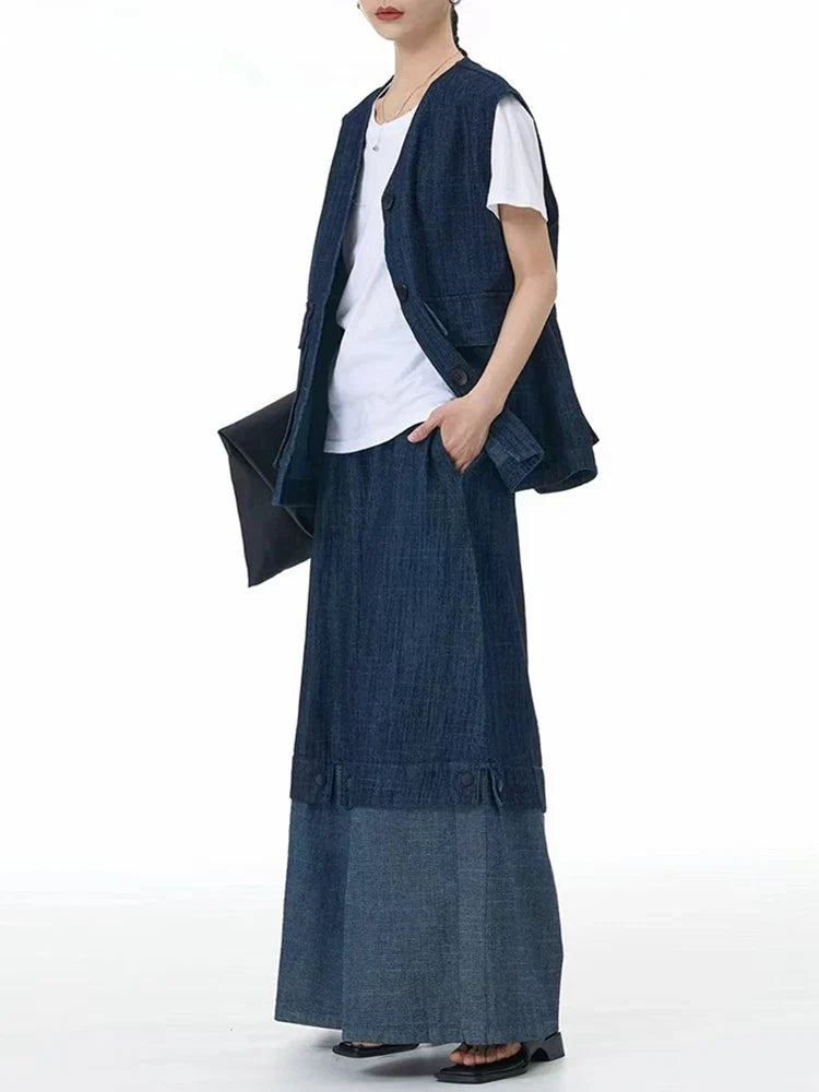 Cotton Denim Wide-Leg Pants with Elastic Waistband