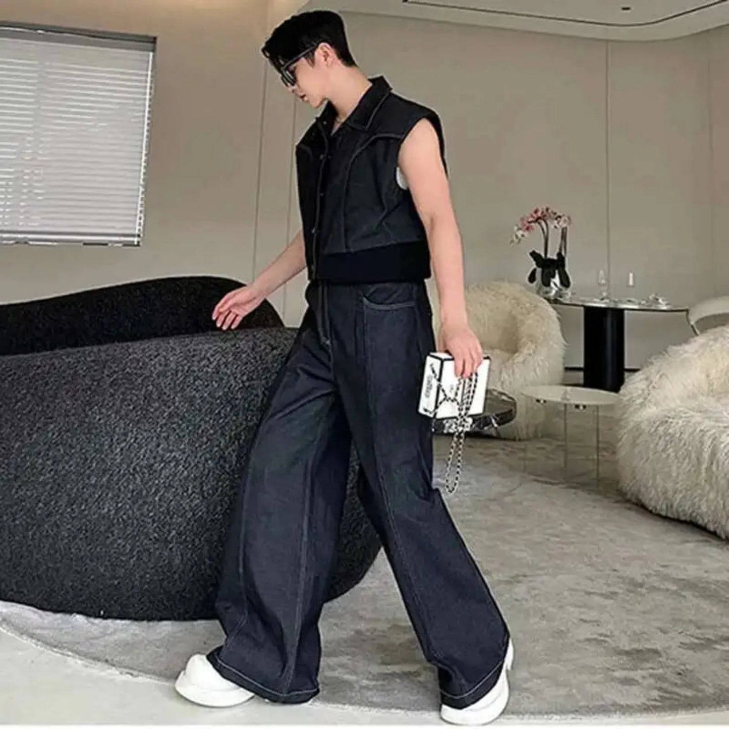 Men's Éclat Dark Denim Crop Vest & Baggy Jeans Set