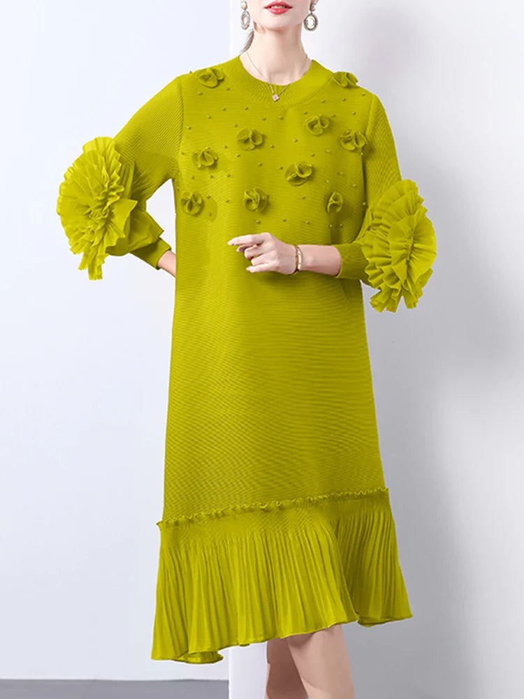 Cocktail Party Dress - Pleated Midi, Statement Sleeves