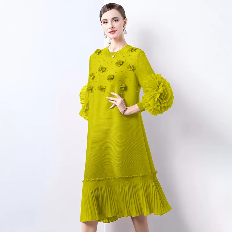 Cocktail Party Dress - Pleated Midi, Statement Sleeves