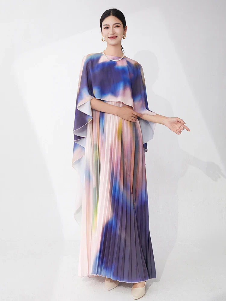 Pleated Watercolor Cape Dress