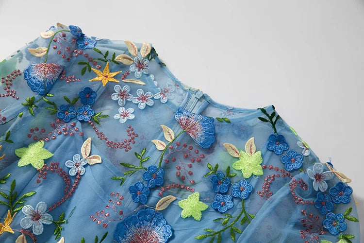 Blue Floral Embellished Long Sleeve Midi Dress