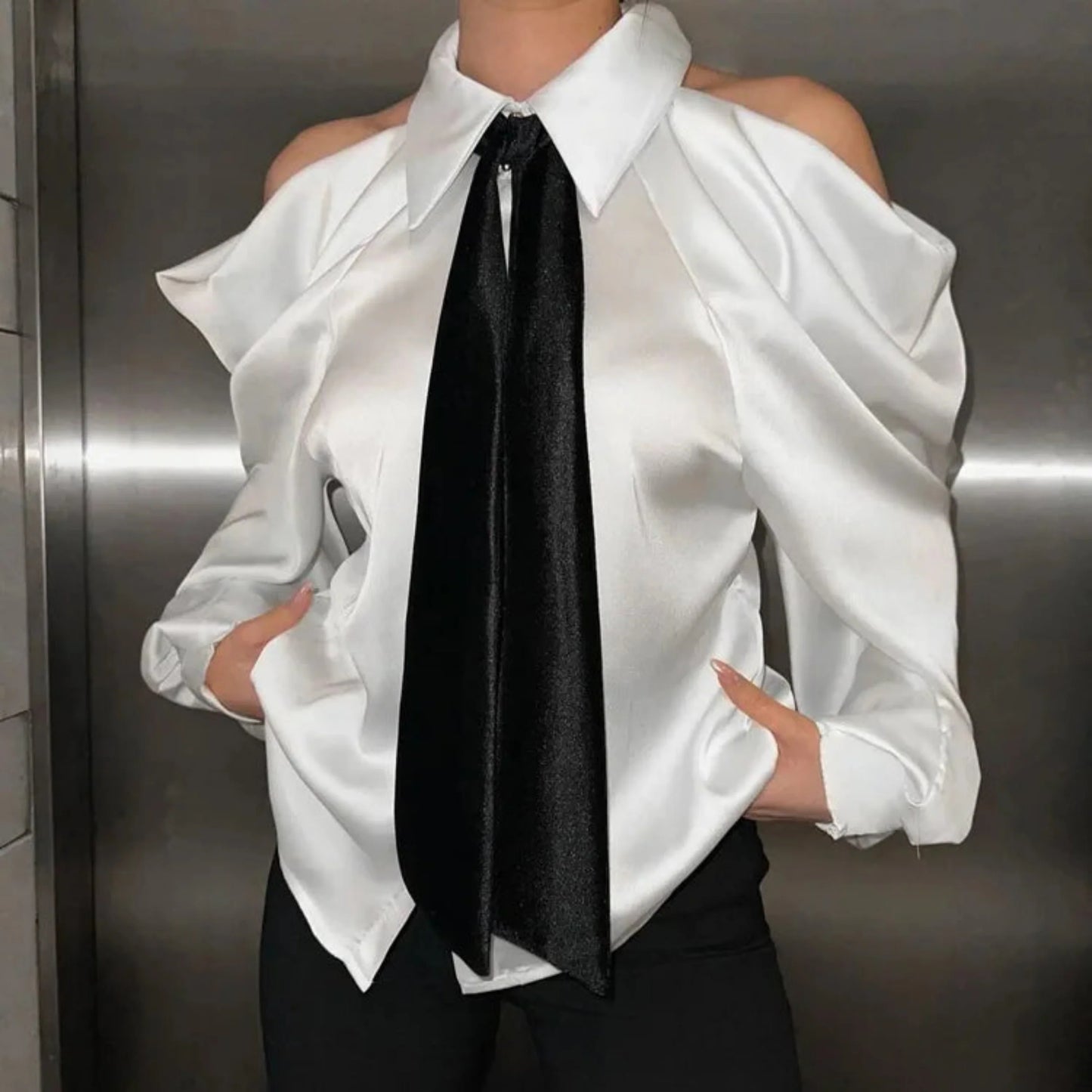 Satin Top with Dramatic Black Tie