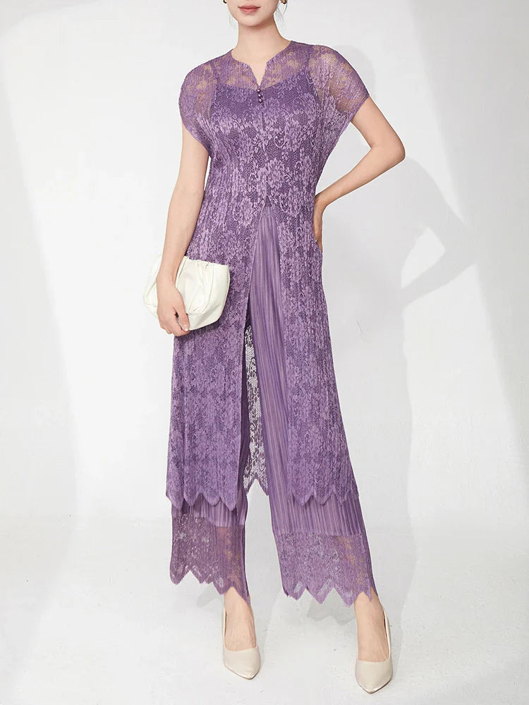 2-Piece Lace Pleated Palazzo Pants Outfit