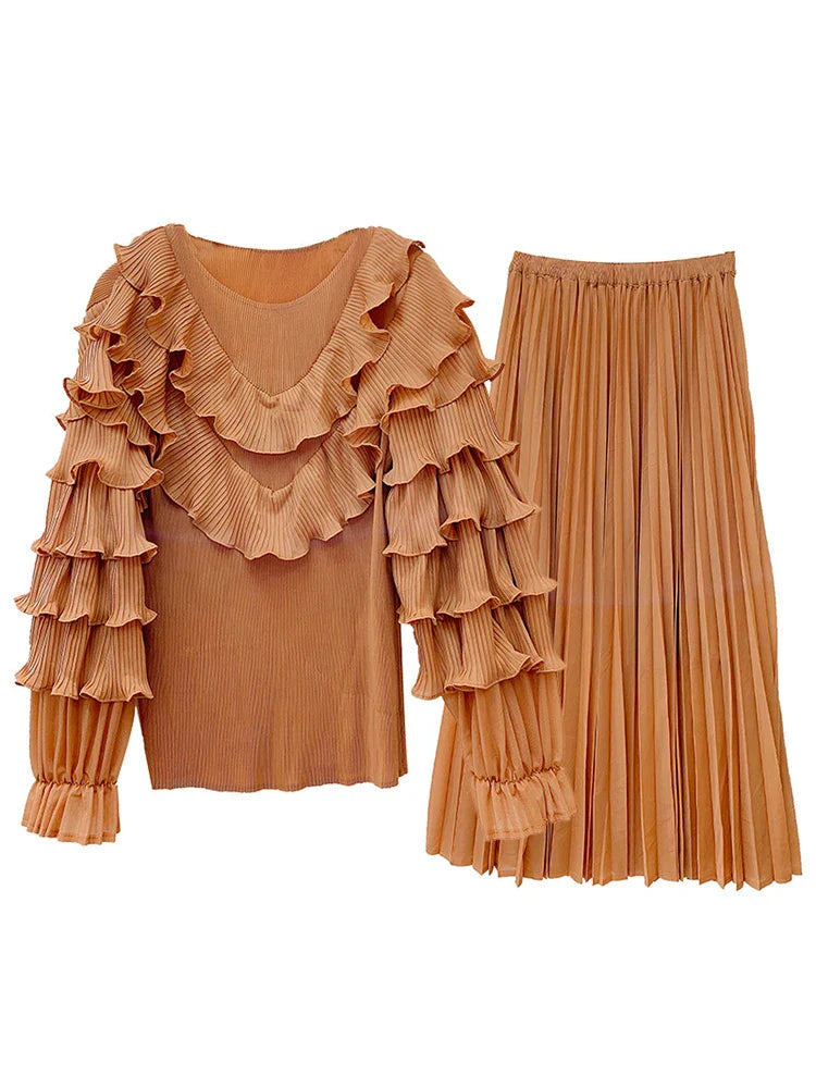 Luxury Truly Pleated Ruffle Long Skirt Set