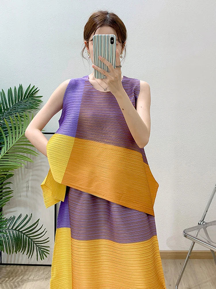 Asymmetric Pleated Sleeveless Top & Skirt
