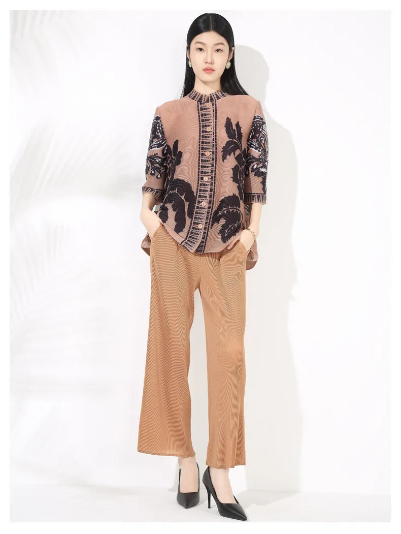 Plissé Set - Floral Top & Pleated Palazzo Pant