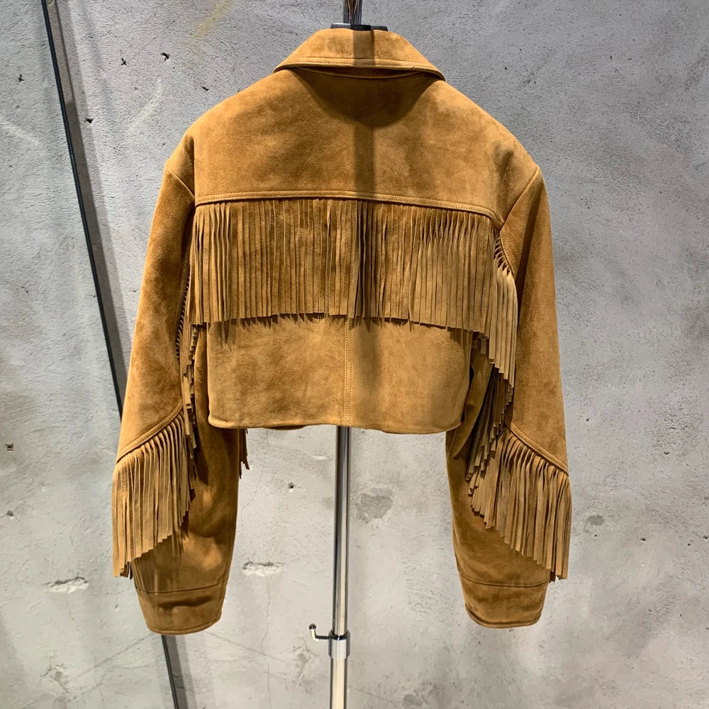 Luxury Leather & Suede Fringe Crop Jacket