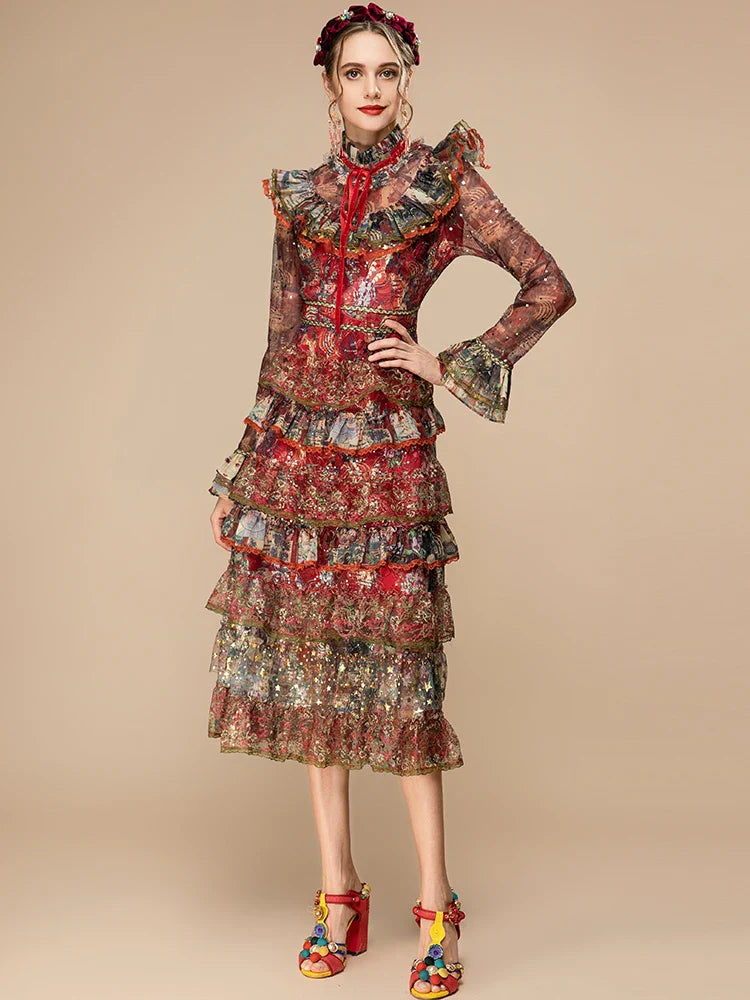 Tiered Ruffle Midi Dress Long Sleeve | Designer Style