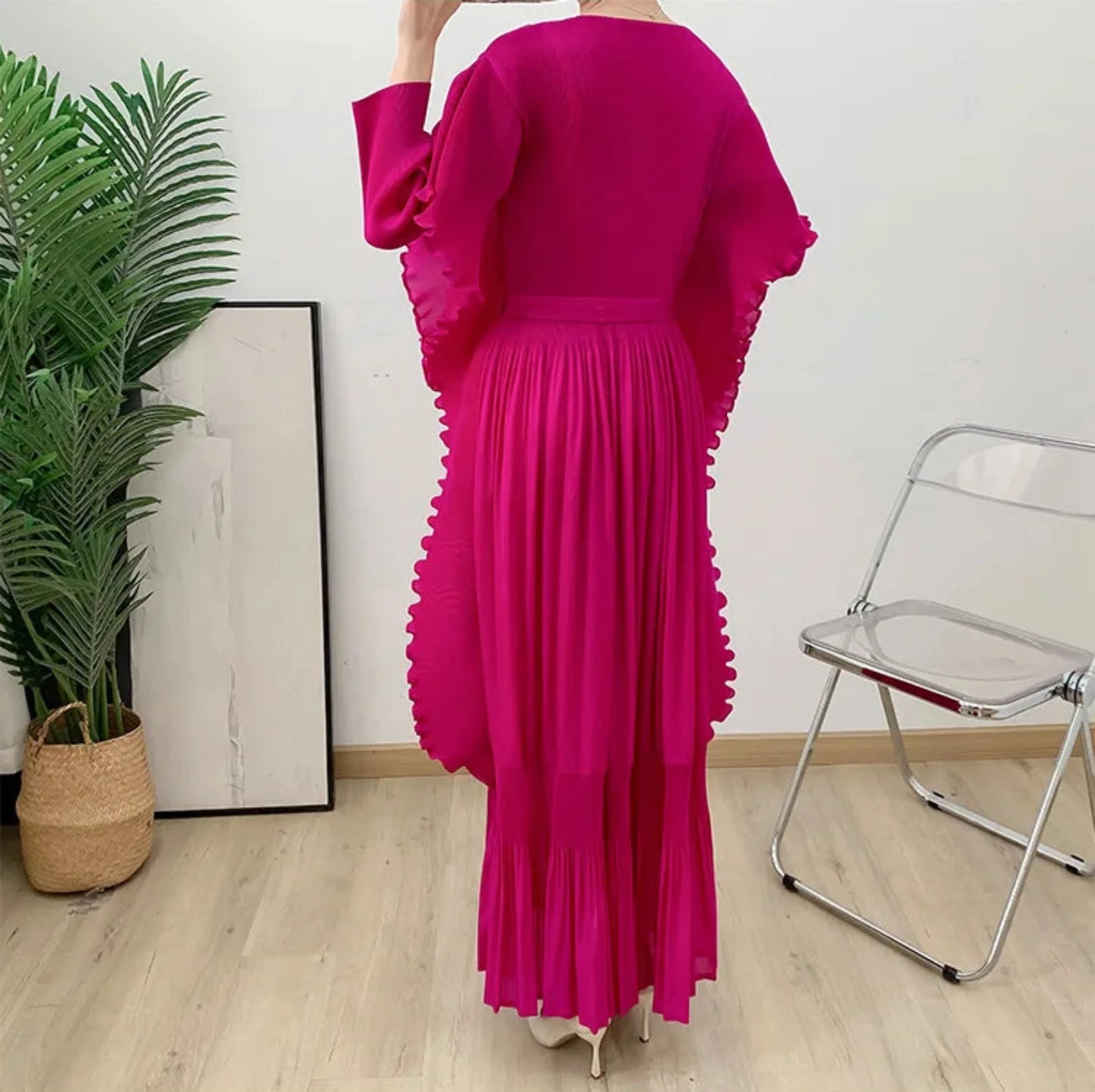 Designer Pleated Midi Dress - Ruffle Detail