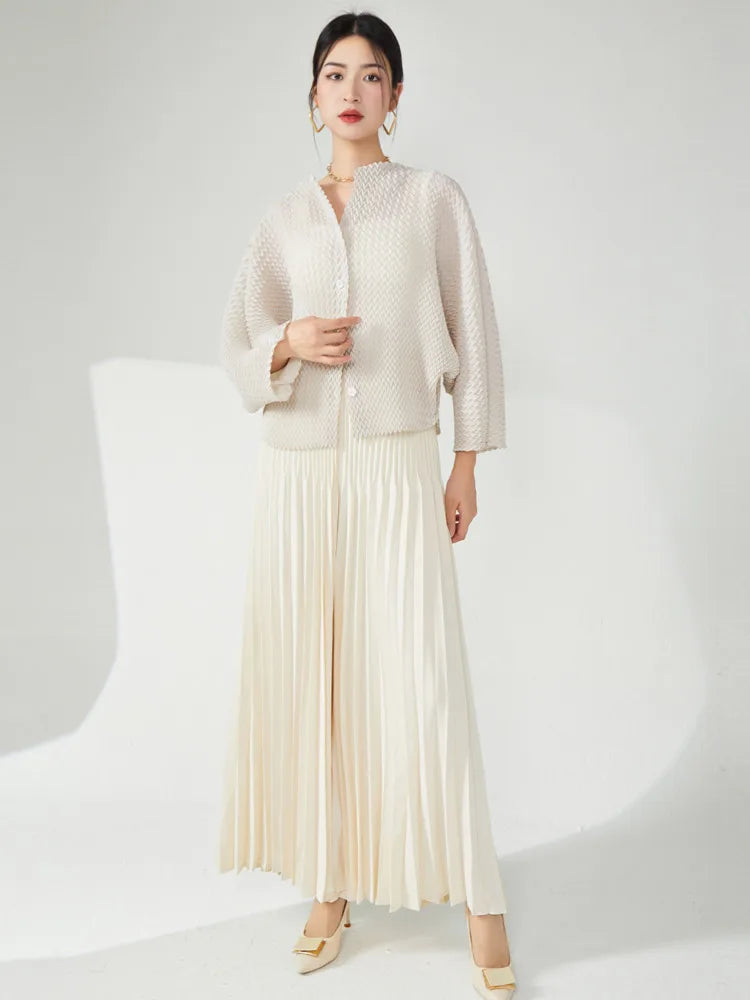 Genuine Pleated Wide Leg Pants & Cardigan Set