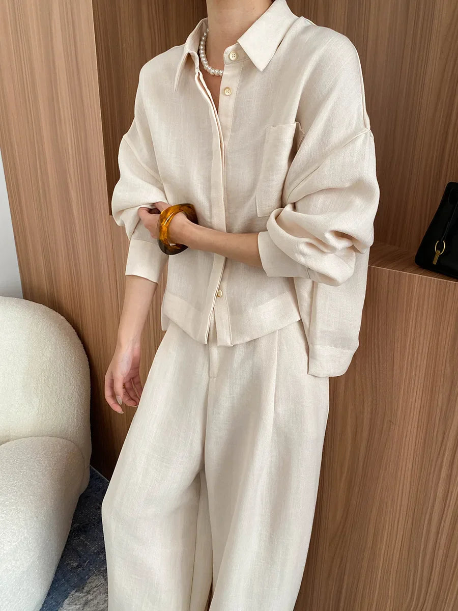 Linen Button-Up Shirt & Wide-Leg Trousers Set