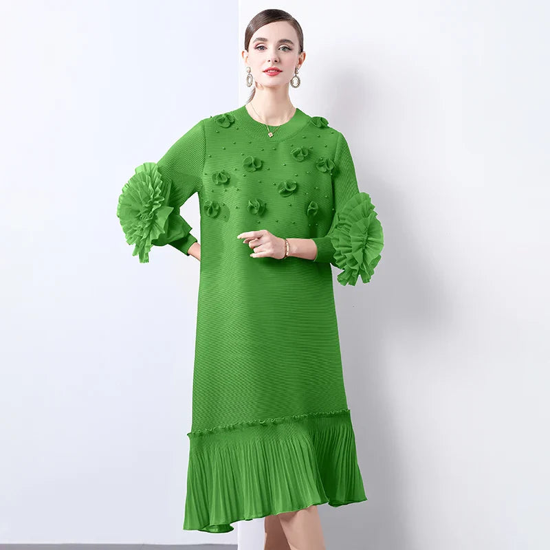 Cocktail Party Dress - Pleated Midi, Statement Sleeves